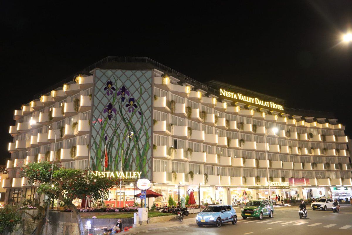 Nesta Valley Dalat facade lit up at night