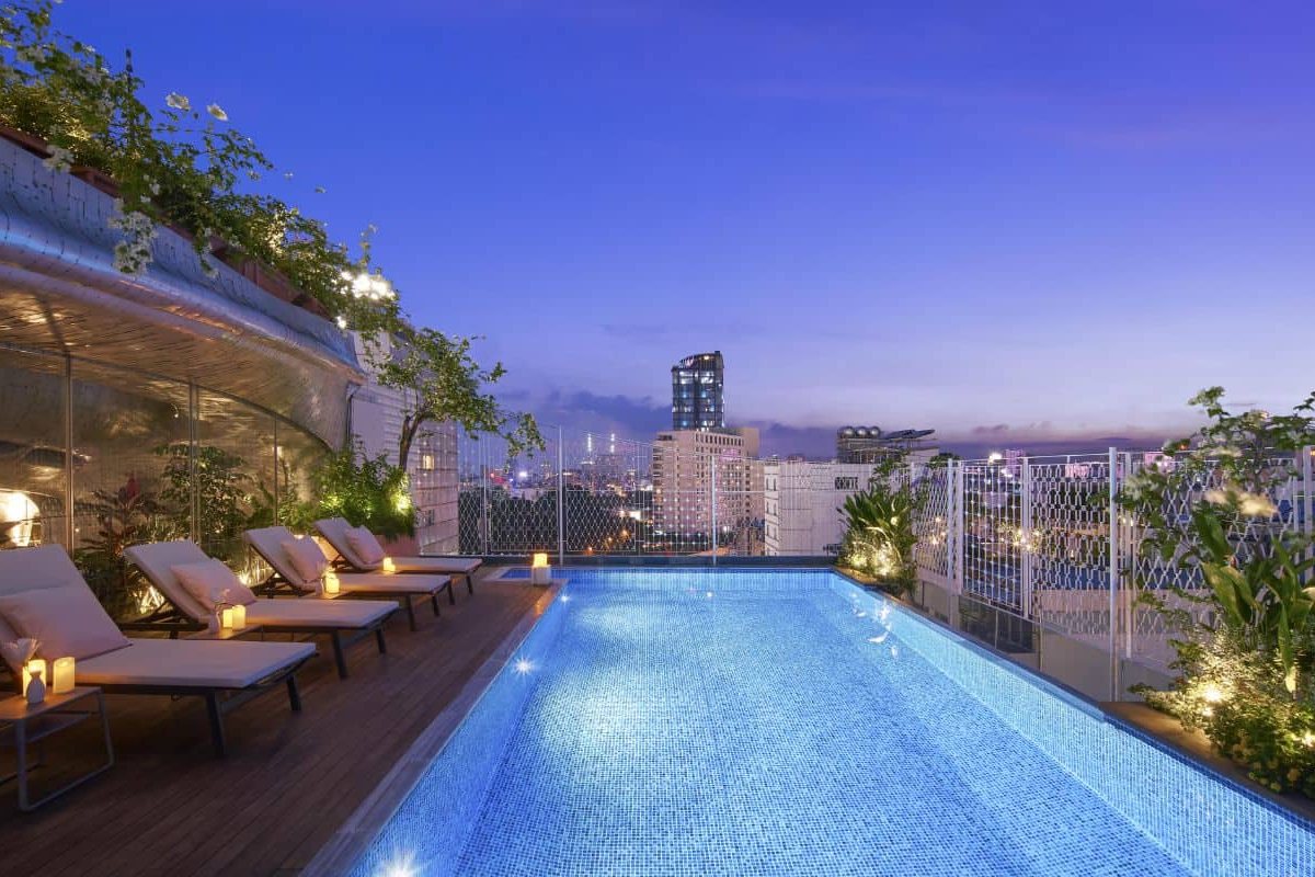 Rooftop pool in the evening at Silverland Ben Thanh