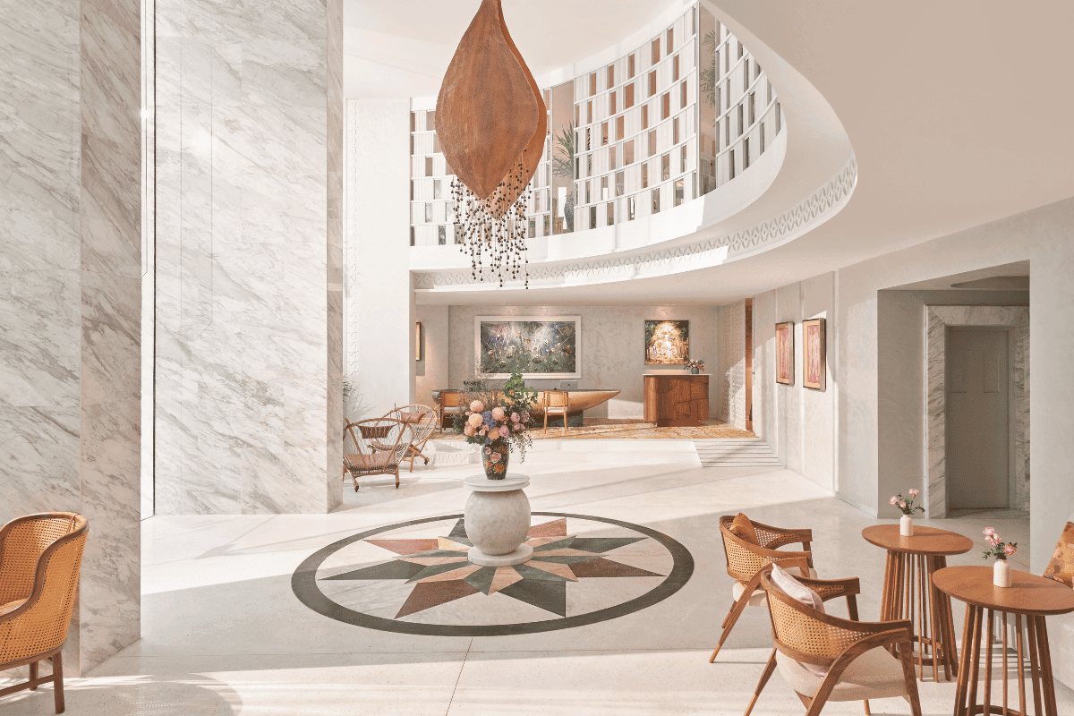 Lobby with French-style mosaic floor at Silverland Mây Hotel