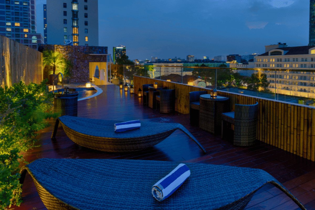 Rooftop terrace at Silverland Min Hotel in the evening